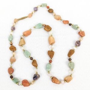 Boho Necklace Polished Stone Agate Crystal Gold Bead Multicolor Natural Hippie